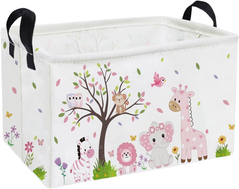 ESSME Rectangular Animal Baskets,Pink Storage Basket with Handles for Girls Room Decor,Cute Storage Bin（Pink animal） - Image 1